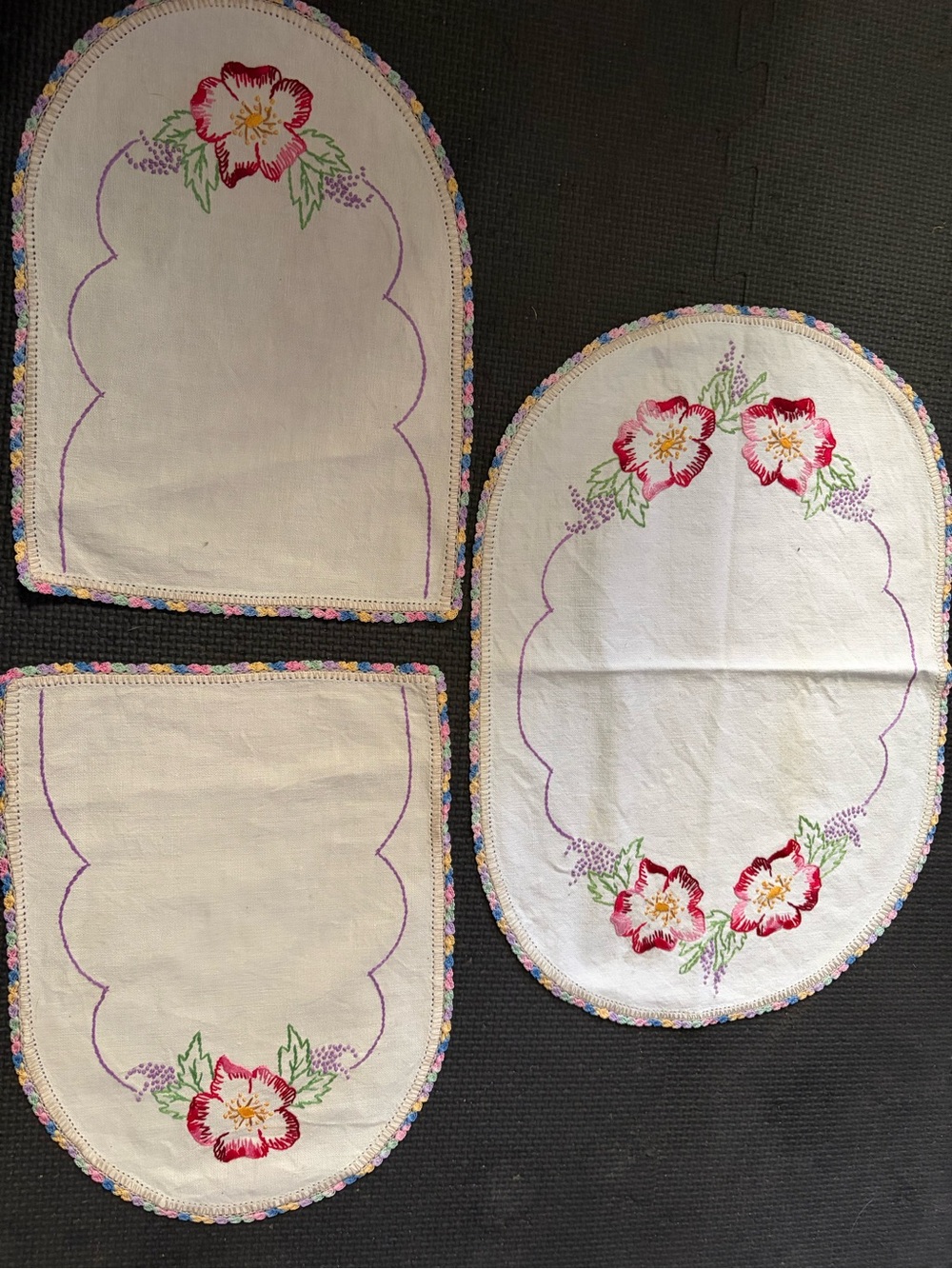 Hand-Embroidered Floral Linen Placemats and Runner - Cream with Red Flowers